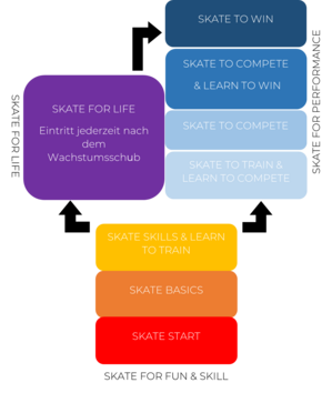 Modell der langfristigen Leistungsentwicklung im Skateboarding: Skate for Fun and Skill bis zu Skate for performance - ein Wechsel von & zu "Skate for life" ist jederzeit möglich